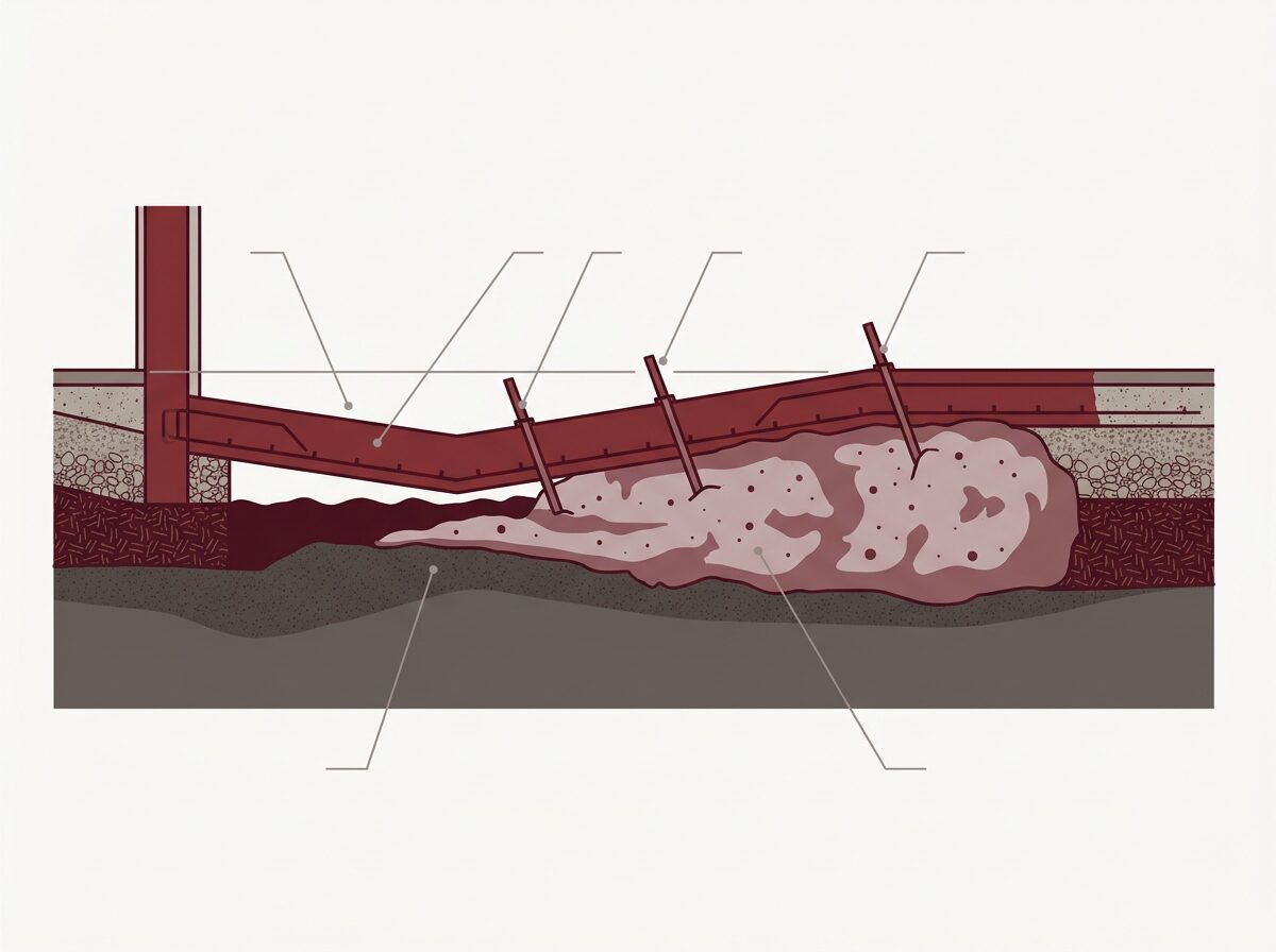 Cutaway diagram of polyurethane foam expanding beneath a sunken slab
