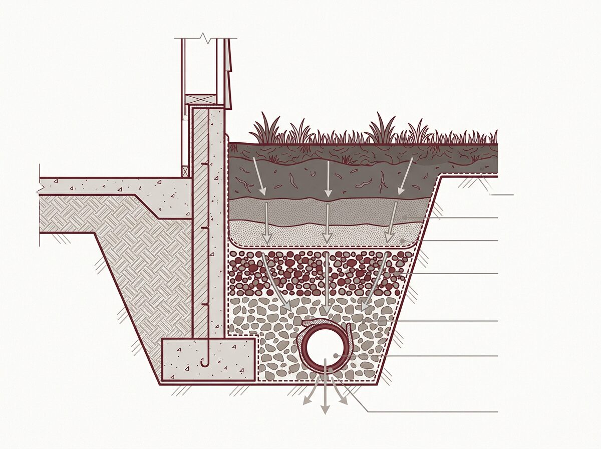Cutaway diagram of a french drain intercepting groundwater beside a foundation