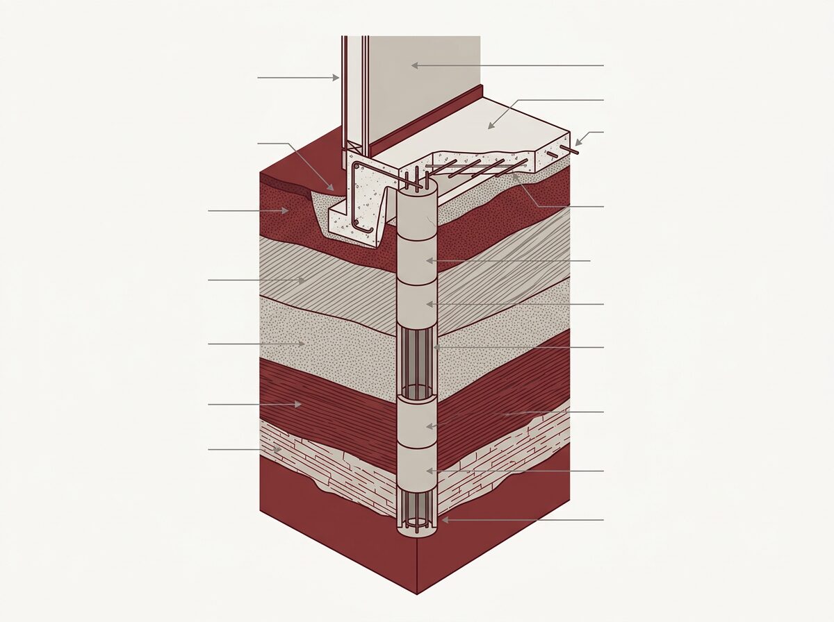 Cross-section diagram of a pressed concrete pier supporting a slab foundation