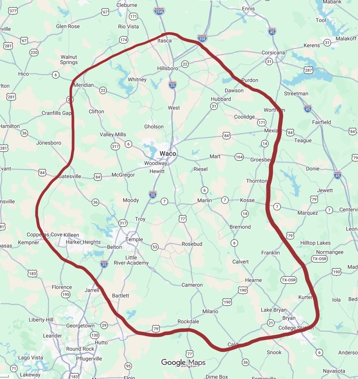 Map of The Foundation Doctor's Central Texas service area circled around Waco